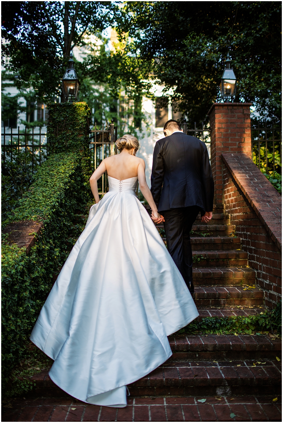 bride and groom stairs dress Duke Mansion Charlotte NC 