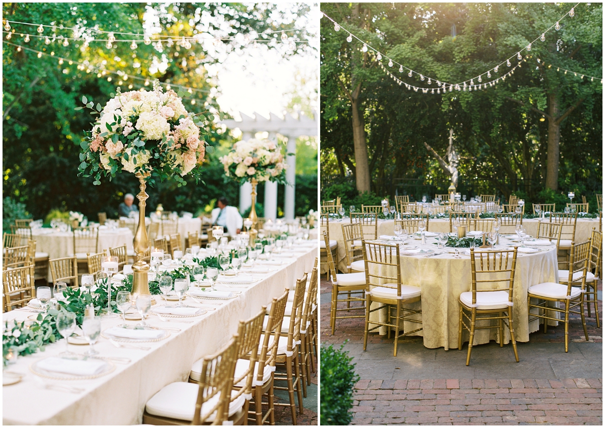 blush green and champagne tablescape with bistro lights at Duke Mansion Charlotte NC 