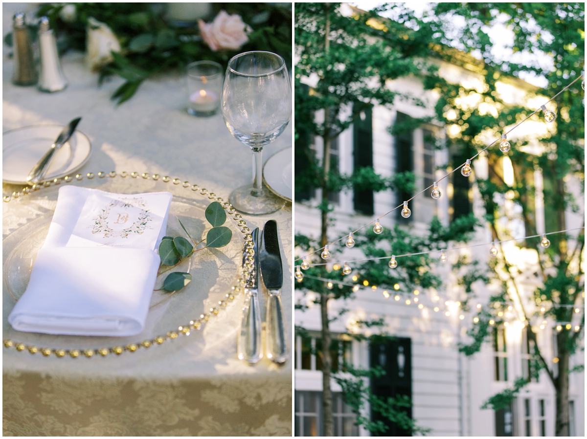 champagne and greenery table setting with bistro lights at Duke Mansion Wedding 