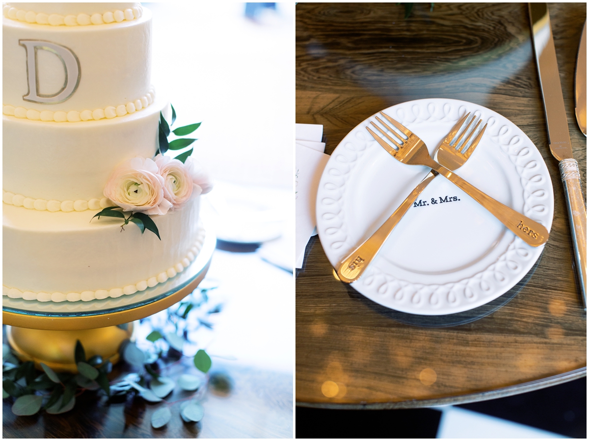 blush gold and green wedding cake table setting at Duke Mansion Wedding Charlotte NC