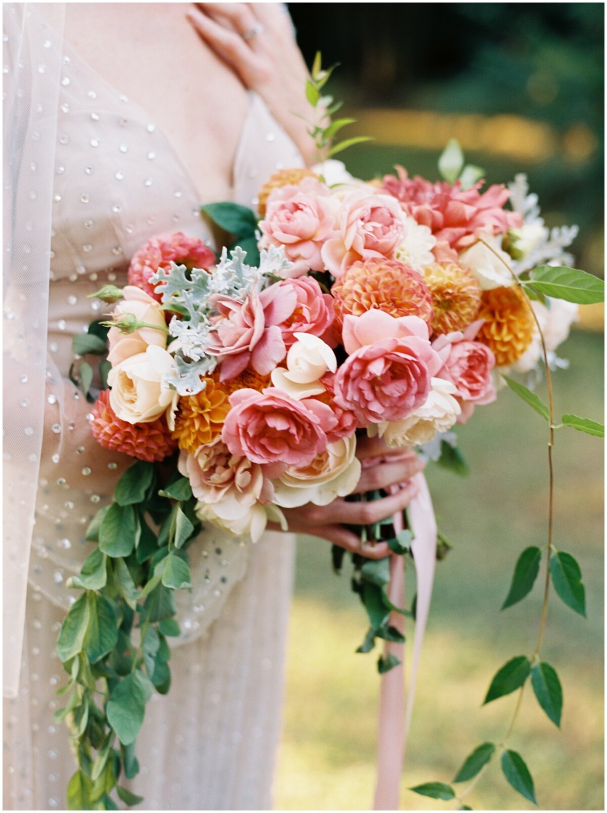 bride with peach and green bouquet knoxville wedding