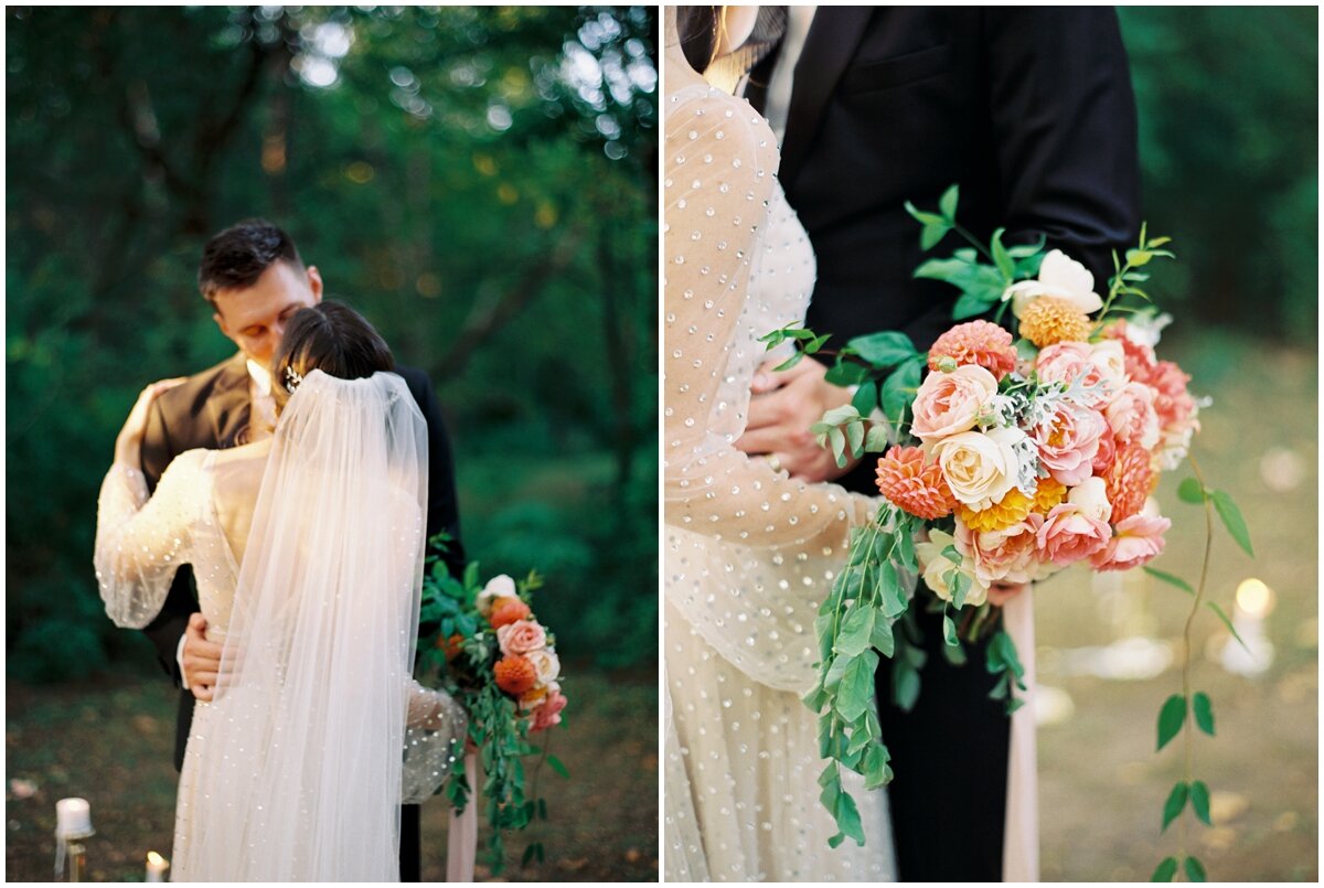 bride and groom kiss outdoor knoxville peach and green bouquet wedding 