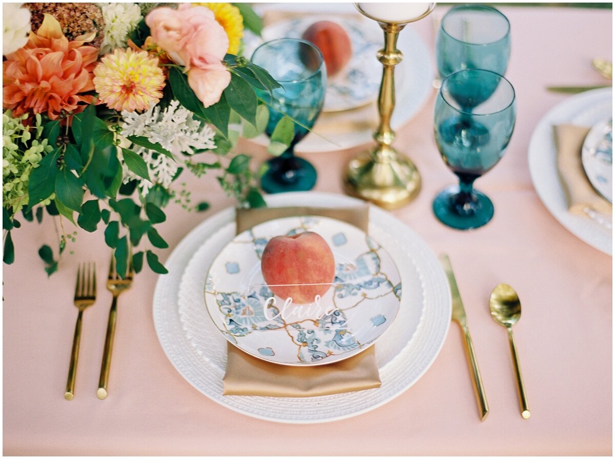 peach, green and gold place setting knoxville wedding tablescape