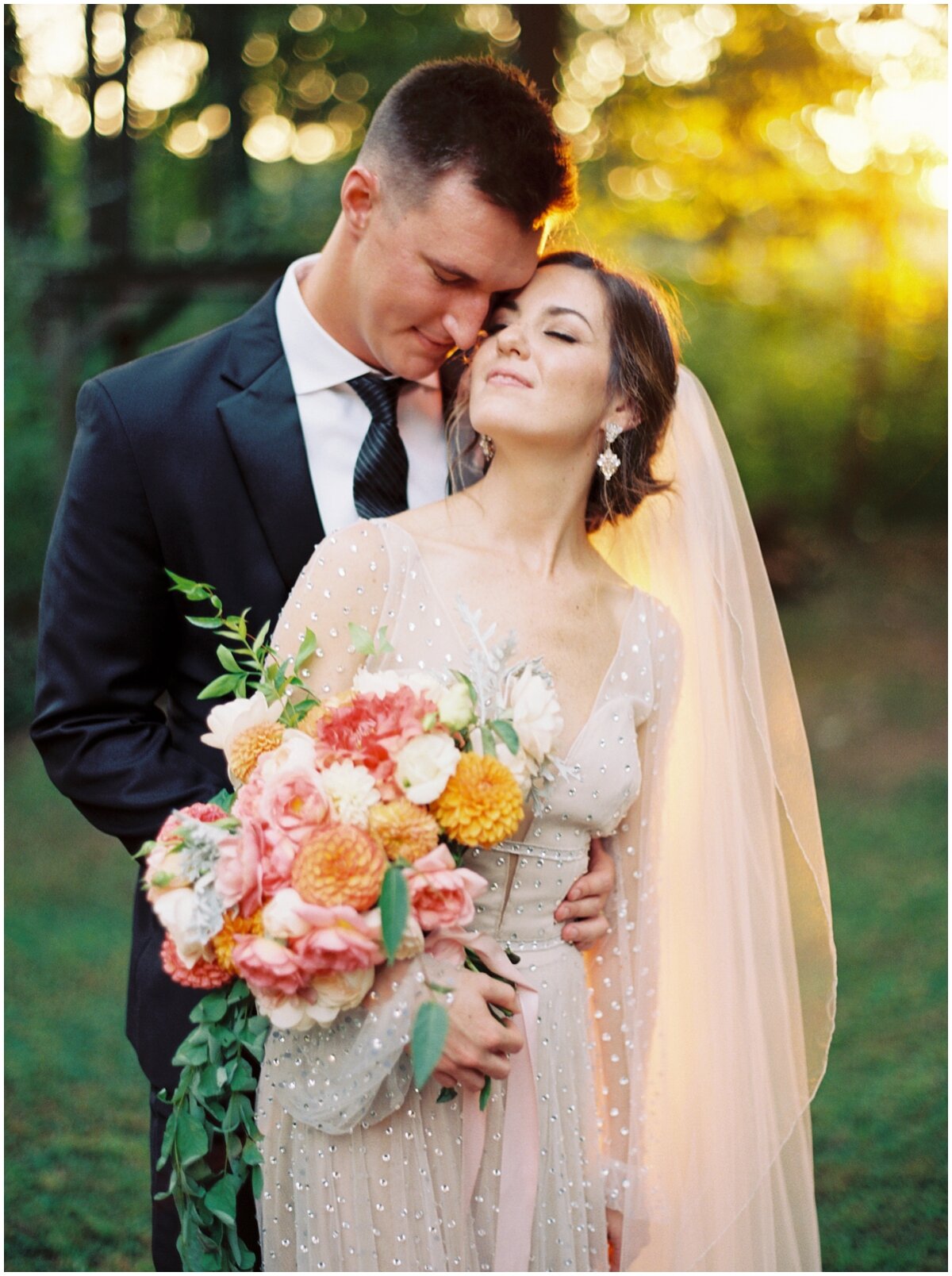 bride and groom portraits outdoor wedding knoxville tn peach green gold bouquet 
