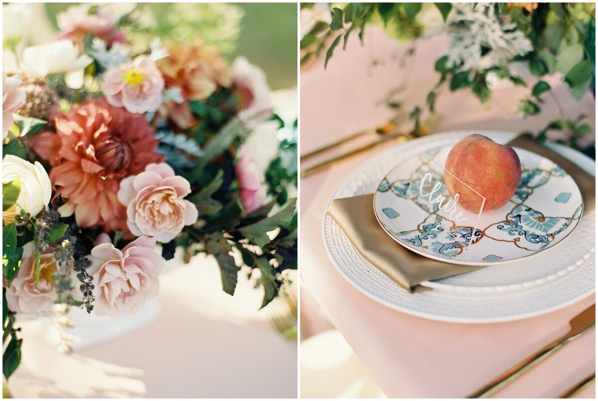 peach, green and gold place setting knoxville wedding tablescape wedding details