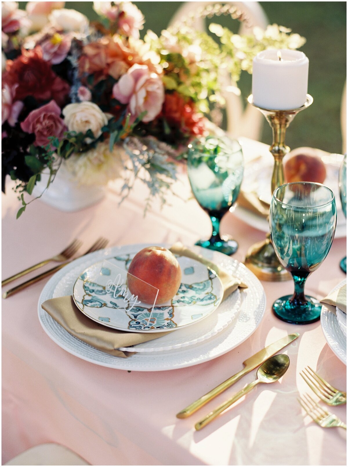 peach, green and gold place setting knoxville wedding tablescape