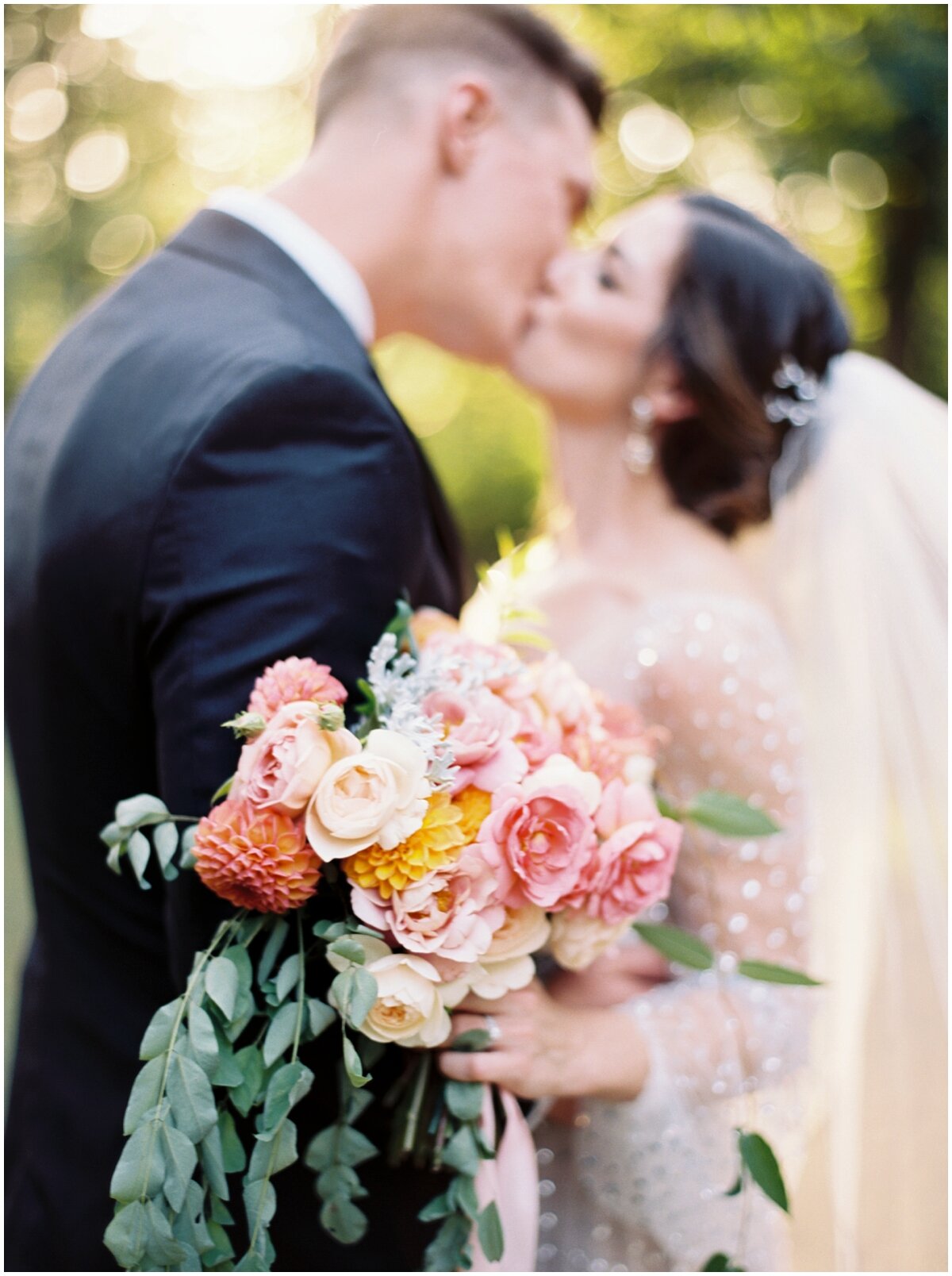 bride and groom portrait with peach and green bouquet knoxville wedding