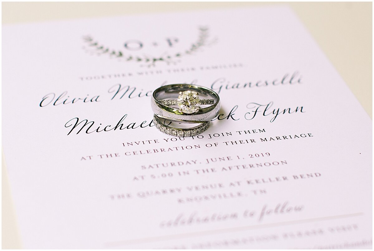 wedding details with rings and invitations