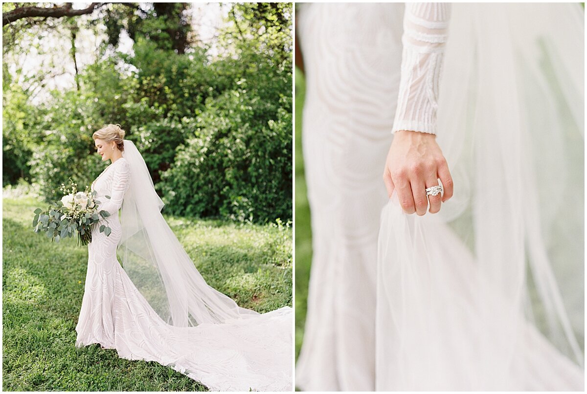 bride holding onto dress at Knoxville Botanical Garden