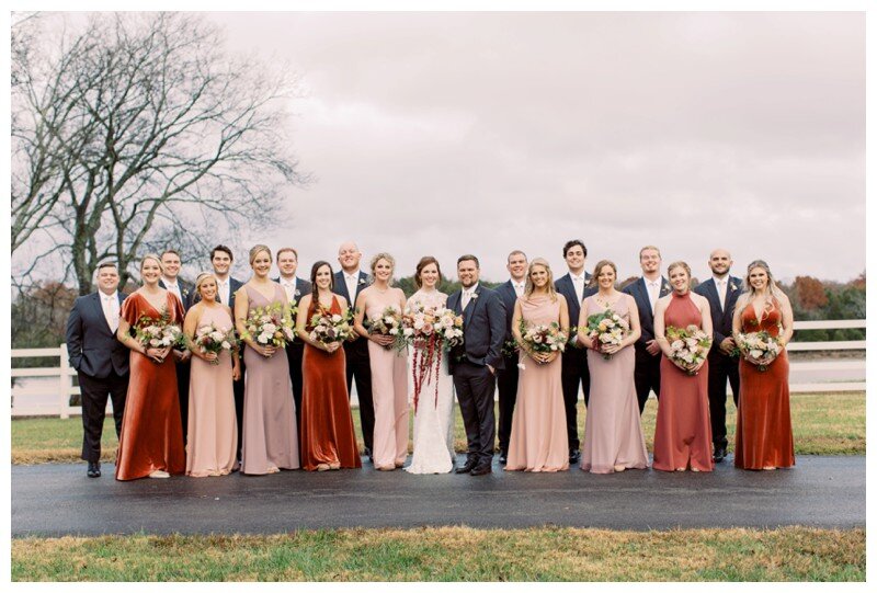 wedding party in crimson mauve and ivory colors at Marblegate Farm Knoxville TN