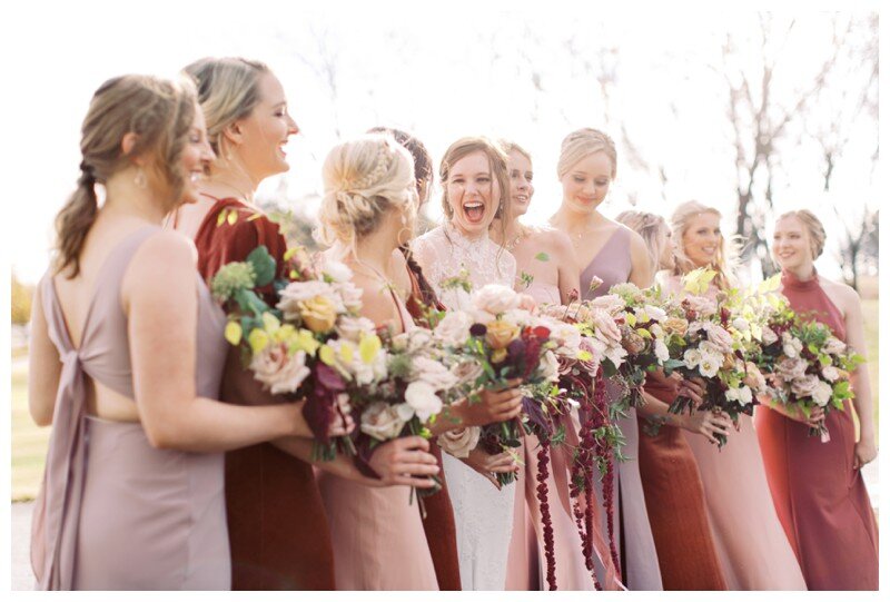 mauve crimson ivory bridesmaids' gowns fall wedding at marblegate farm in knoxville tn