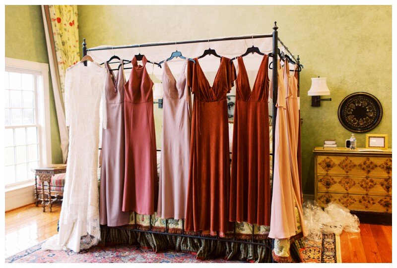 mauve and crimson bridesmaids gowns for fall wedding at Marblegate Farm Knoxville, TN