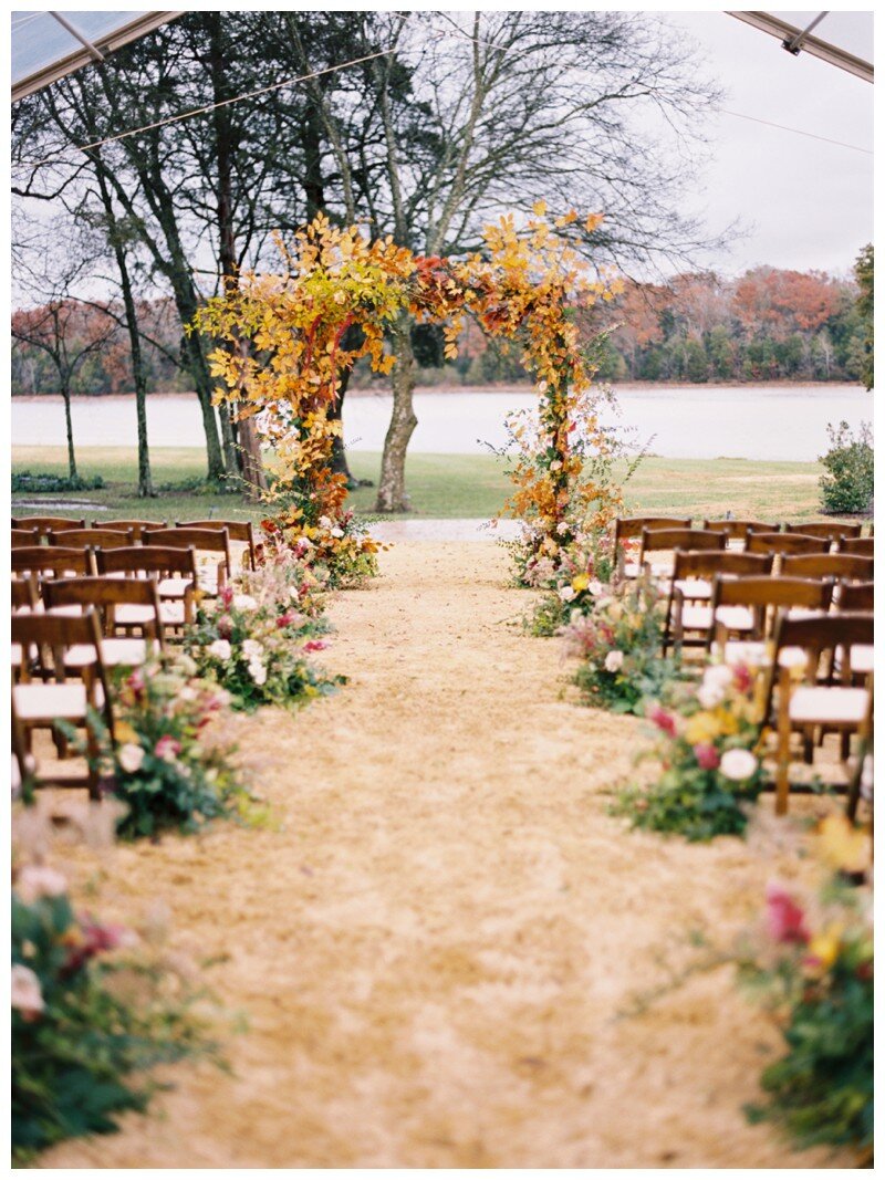  wedding arbor paired florals with fall leaves Marblegate Farm, Knoxville TN