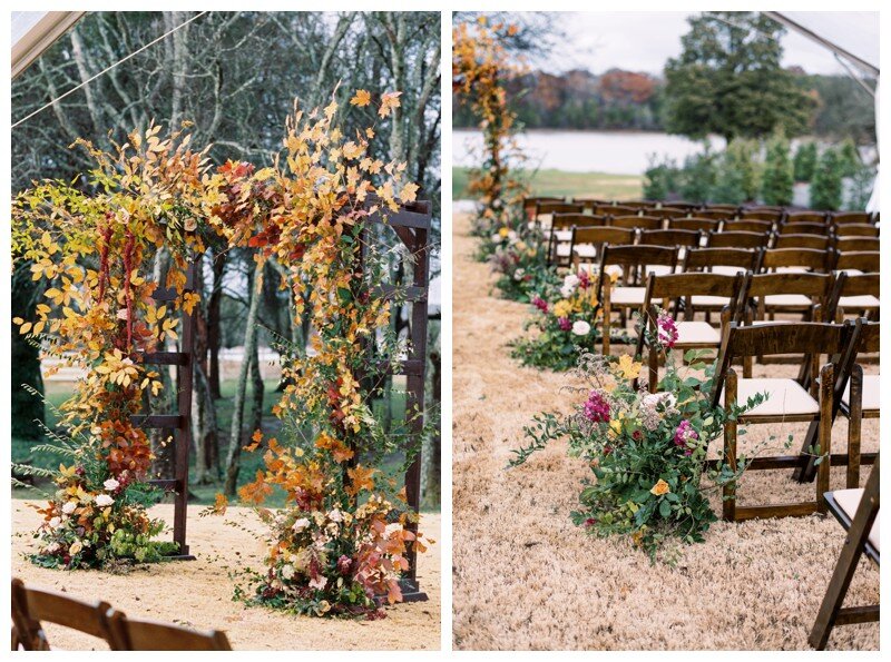  wedding arbor paired  fall florals and leaves Marblegate Farm, Knoxville TN